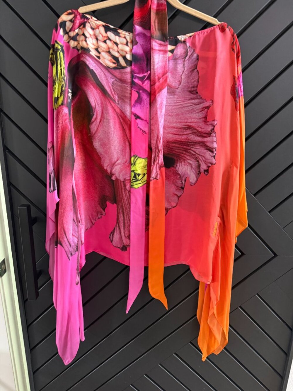 Robert Cavalli Silk Floral Print Kaftan Poncho Top Tie Front Pink Orange OS - Picture 5 of 6